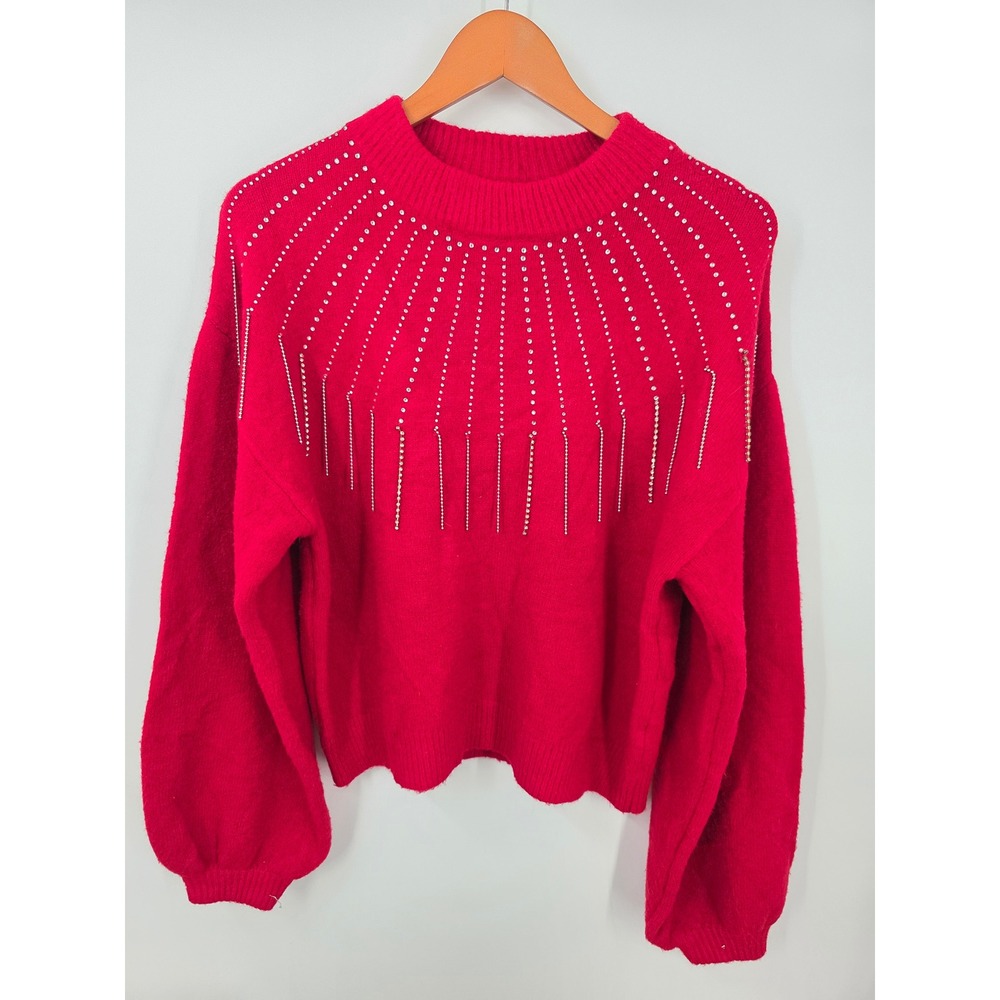 OnTwelfth Red Rhinestone Fringe Balloon Sleeve Sweater XL
